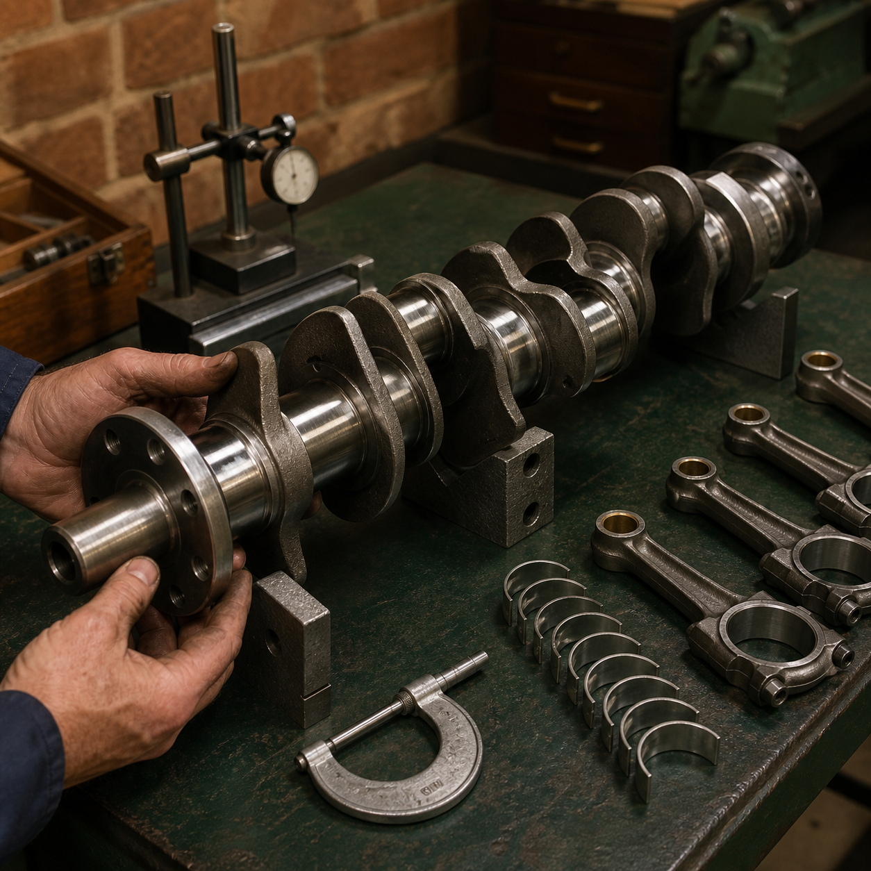 inline-six crankshaft undergoing precision inspection