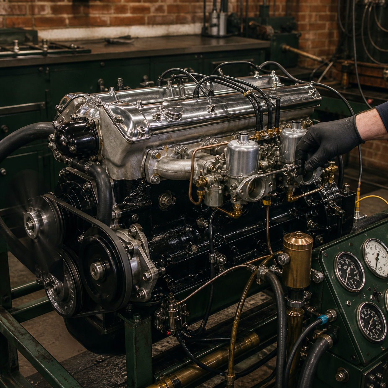 Completed classic inline-six on the test stand