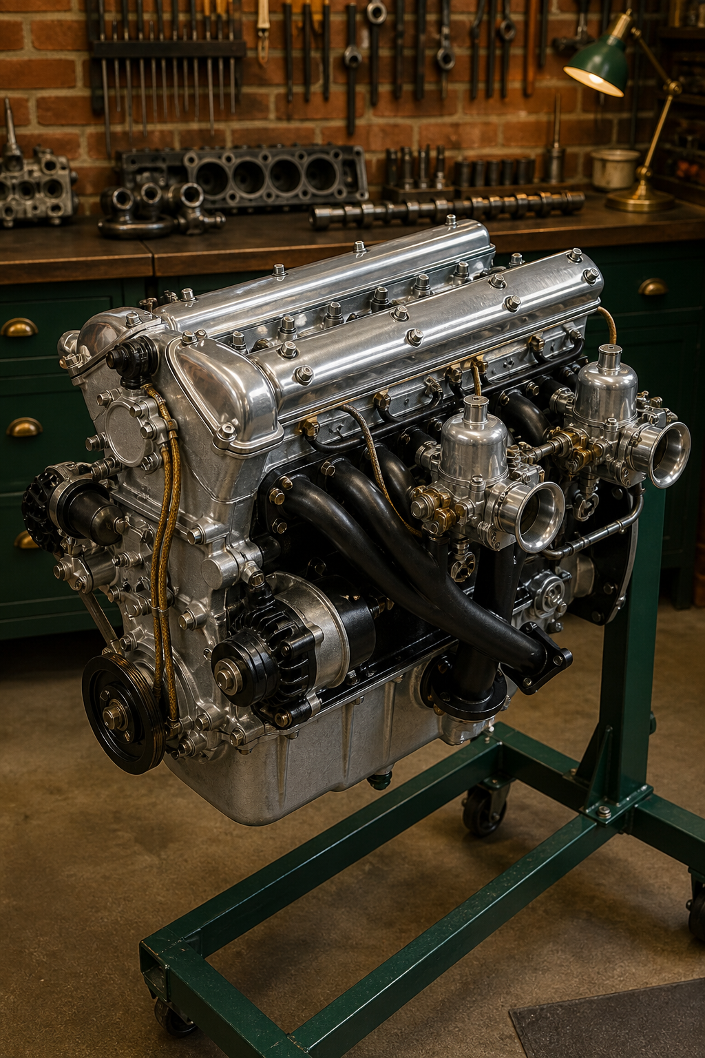 Rebuilt classic inline-six engine in the Fox Classics workshop
