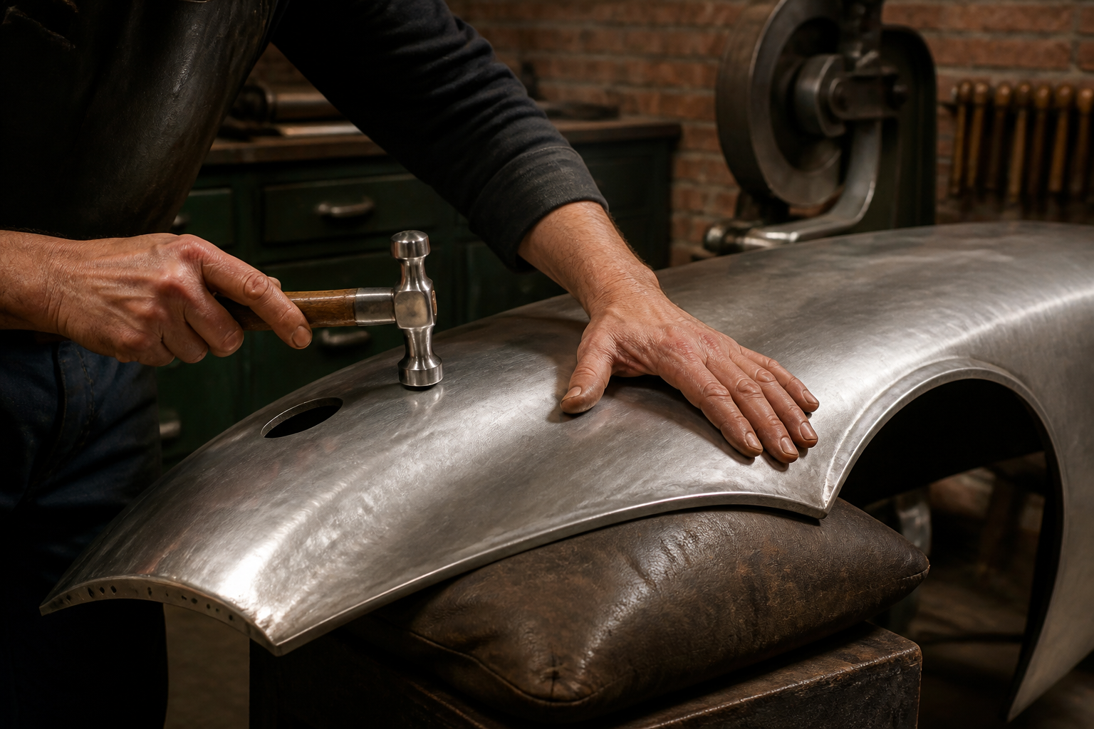 Traditional panel beating on an aluminium classic-car wing