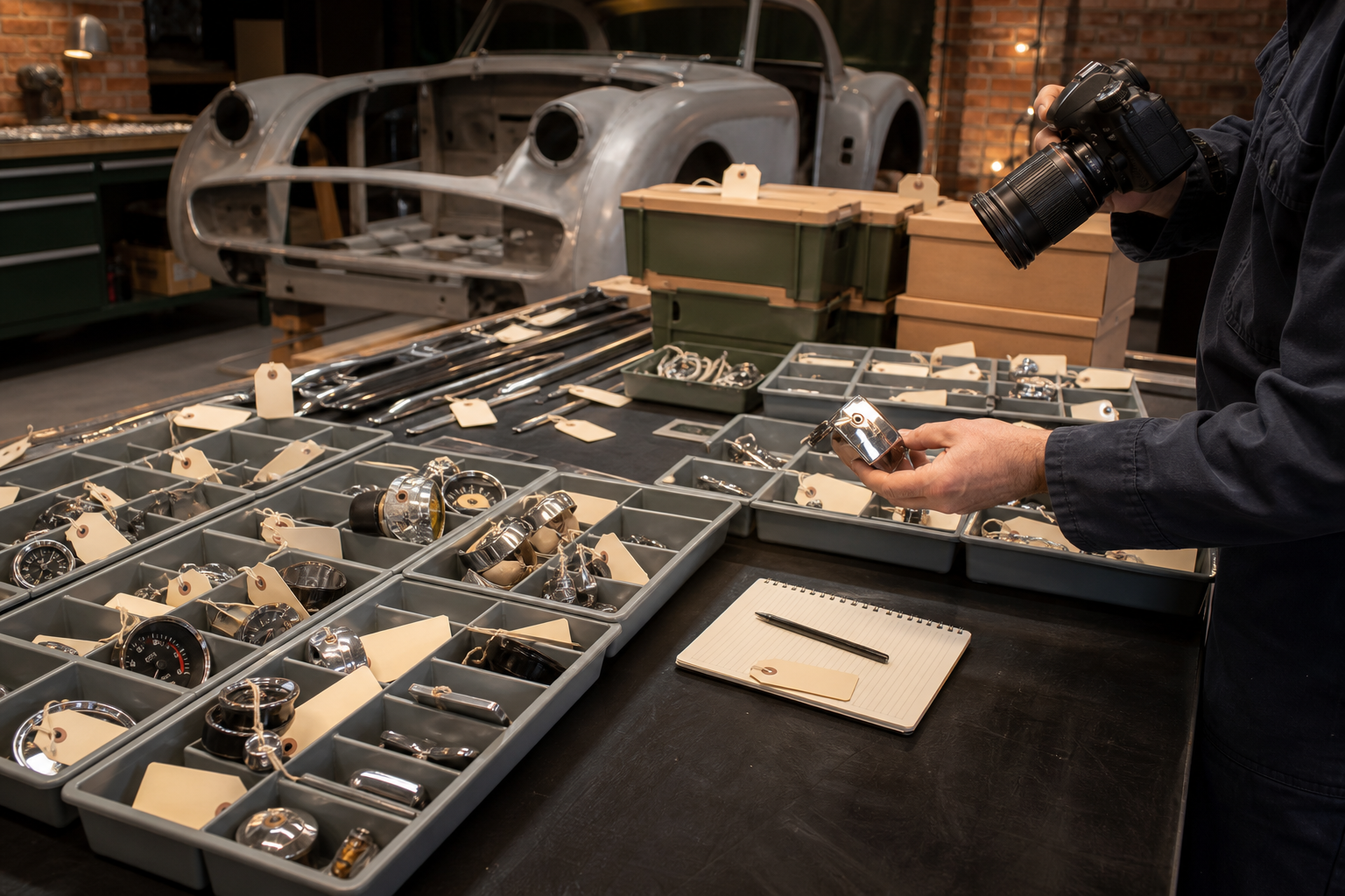 Parts from a classic car being stripped and catalogued