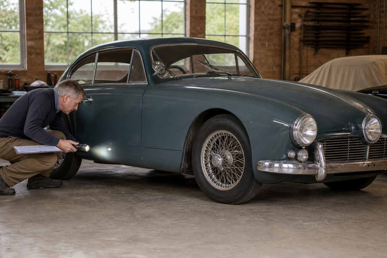 Specialist inspecting a classic car before purchase